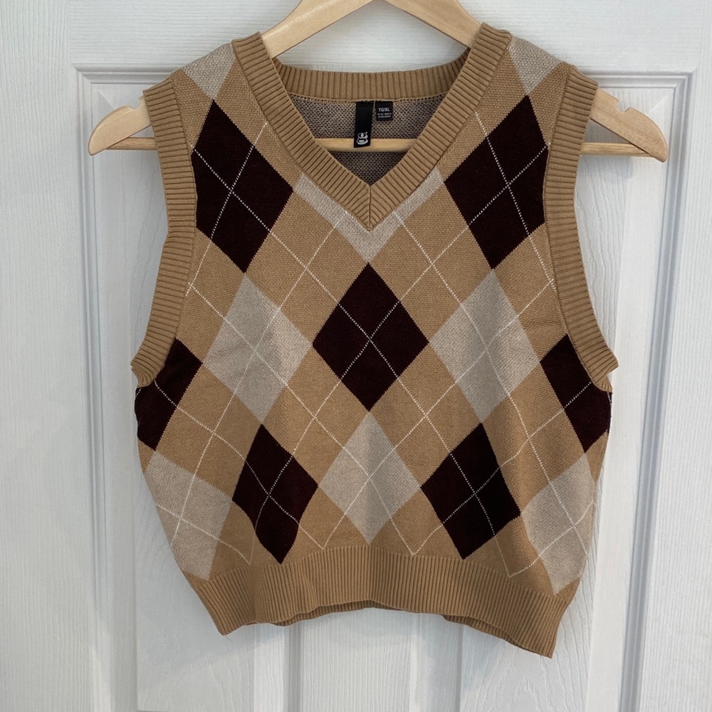 Garage Argyle Sweater Vest in Brown and Tan